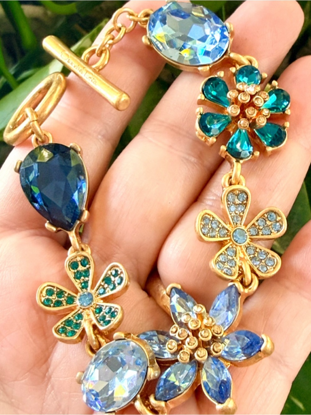 Oscar de la Renta Gold-Tone Bracelet with Blue and Teal Floral Crystals - Picture 8 of 9